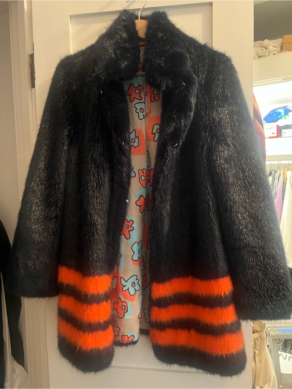 Shrimps Navy Faux Fur Coat with Orangey pink Striped Hem